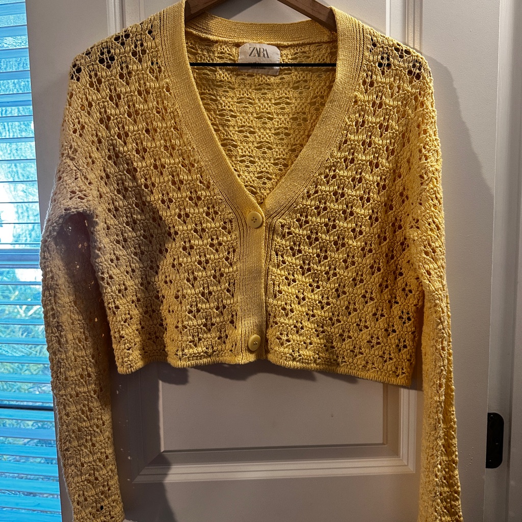 Zara Yellow Crochet Cropped Cardigan With Buttons